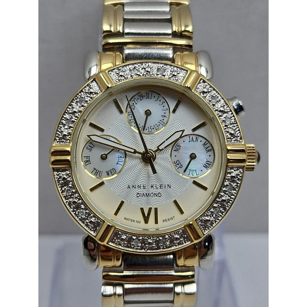 Womens Anne Klein Diamond 30mm Two Tone Mother Of Pearl Dress Watch New Battery